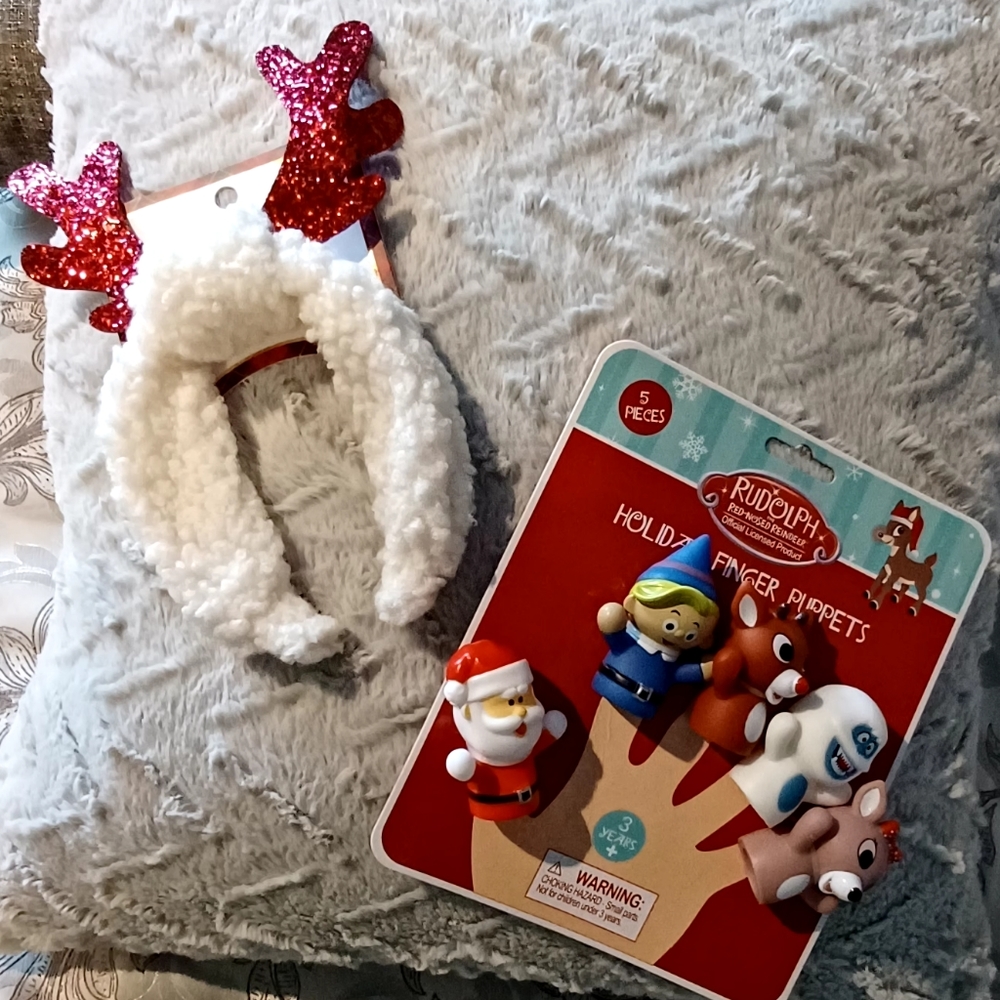 NWT Target Faux Fur & Antler Headband and Set of 5 Rudolph Finger Puppets